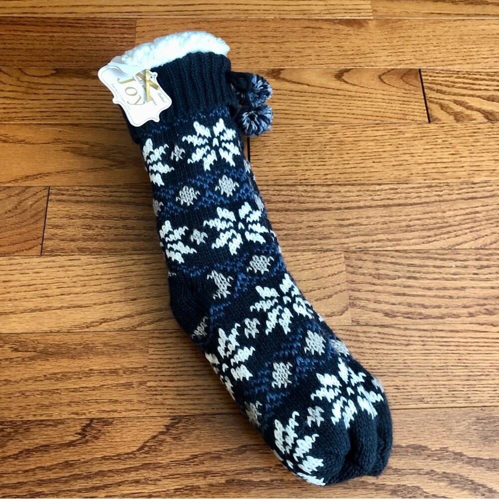 JOY Slipper Socks Grippers Navy Blue Faux Shearling Lining Women’s Size 4-10 NWT
